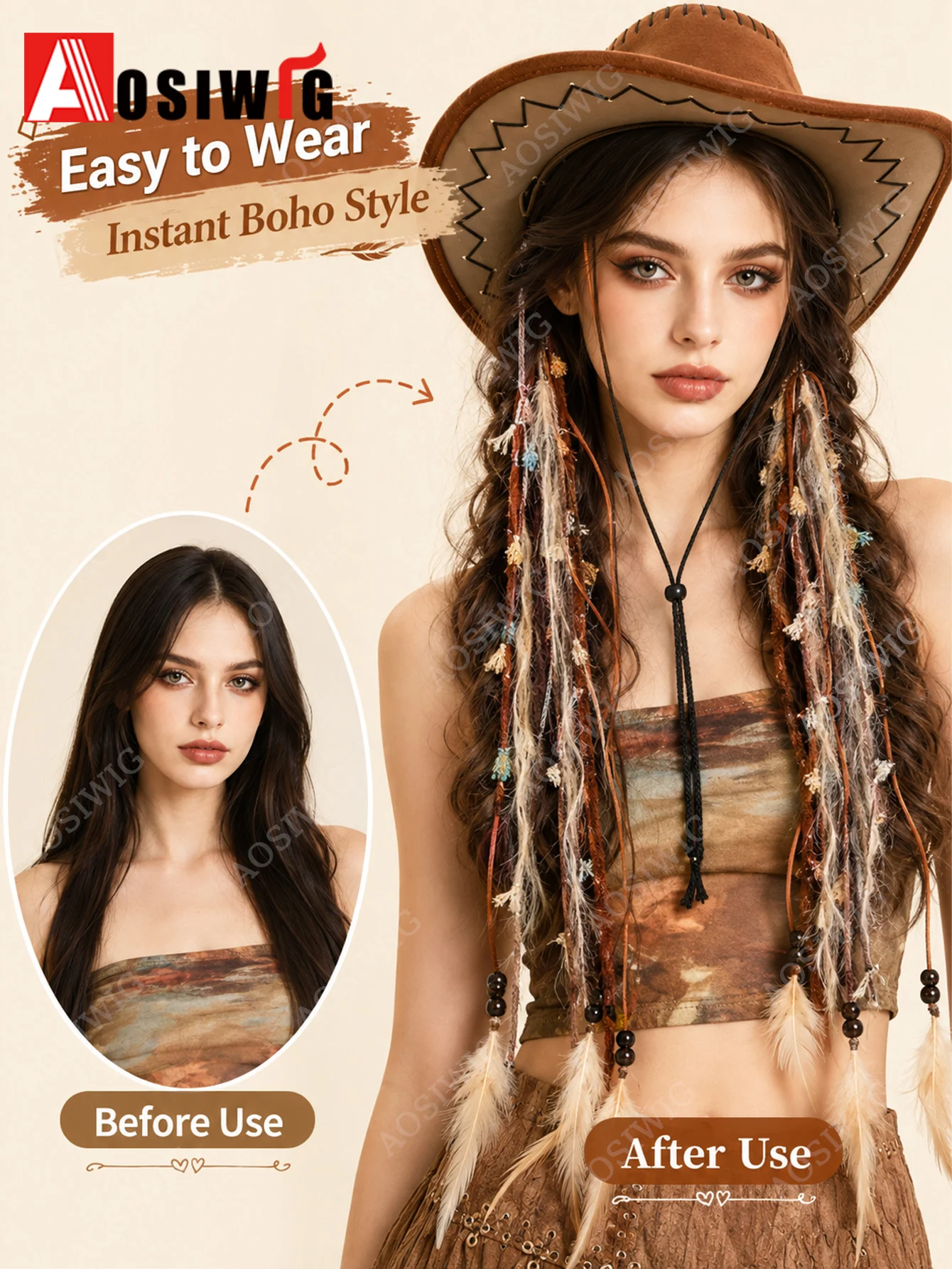 Synthetic Boho Braided Hair Extensions for Women Clip In Festival Hairpiece with Beads Feathers Hippie Hair Accessories