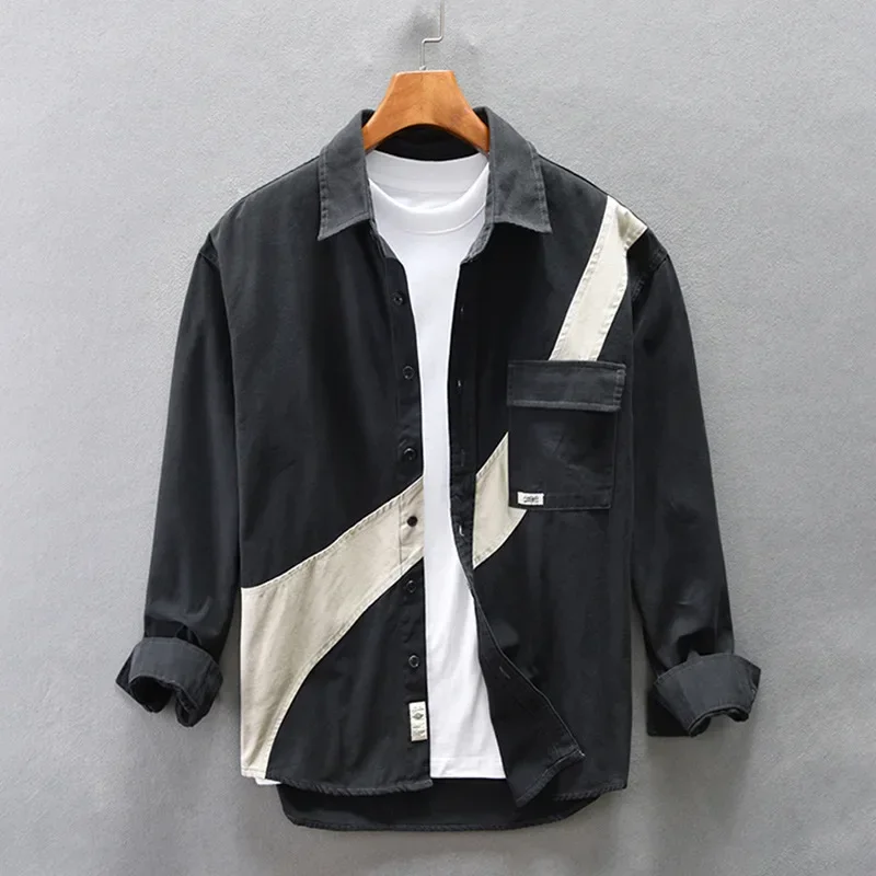 

New Japanese Cargo Shirt Men 100% Cotton Casual Shirts Design Patchwork Long Sleeve Man Shirts Fashion Loose Workwear Tops Youth
