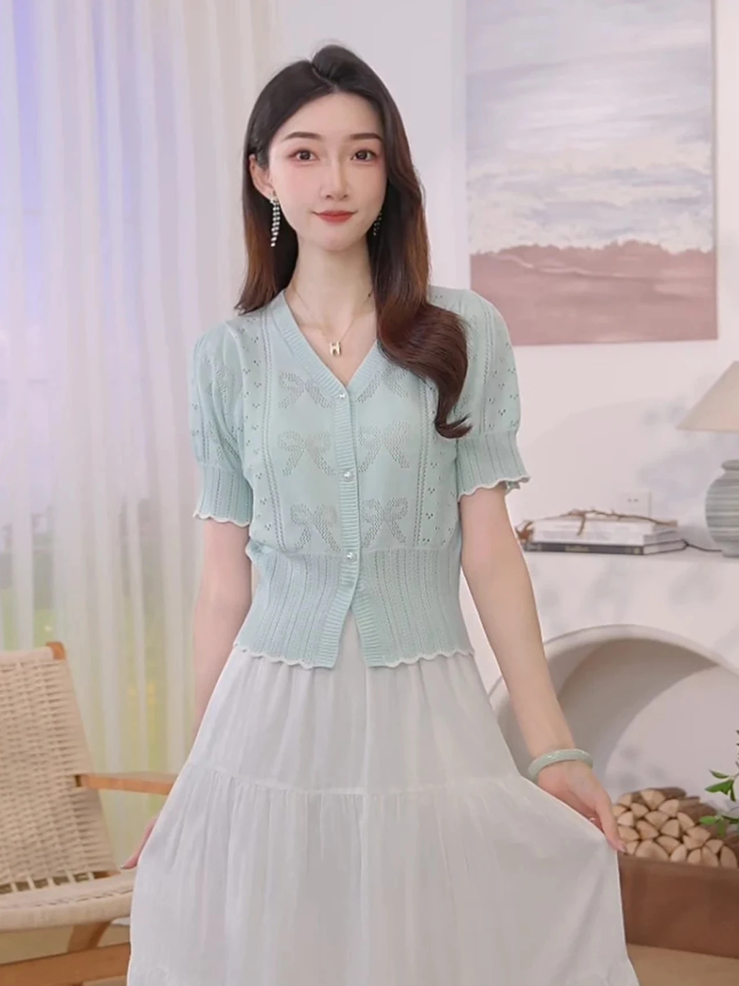 

New V-Ne Knitted Ice Silk Open Cardigan ort Sve Hollow out Casual Sle Women's Faion Summer Top Poetic Lin Brand