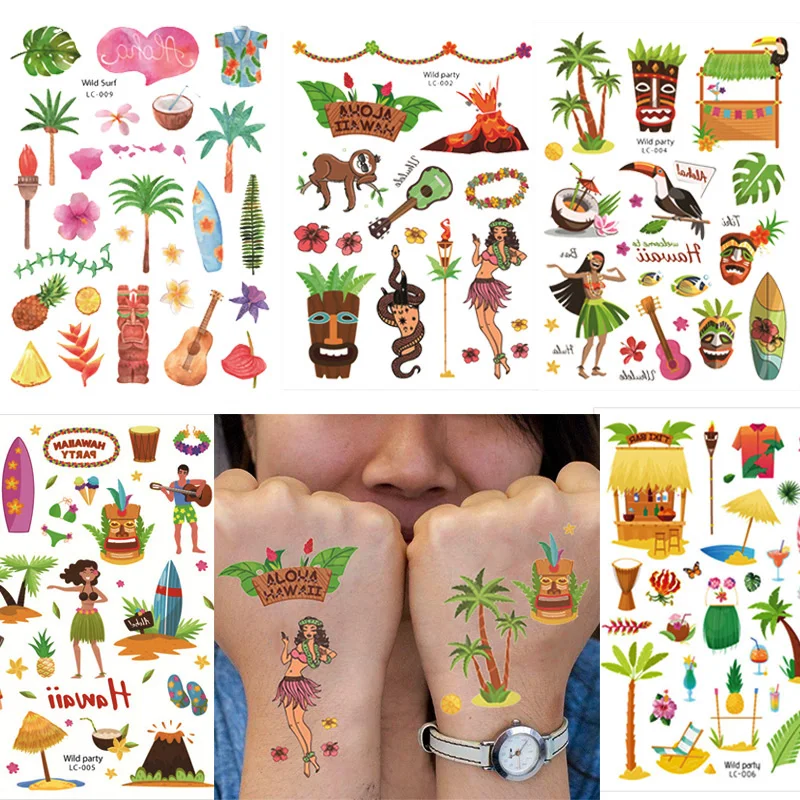 5Sheets Hawaiian Party Temporary Tattoo Sticker Aloha Luau Summer Birthday Party Decoration Kids Gift Waterproof Tattoo Sticker