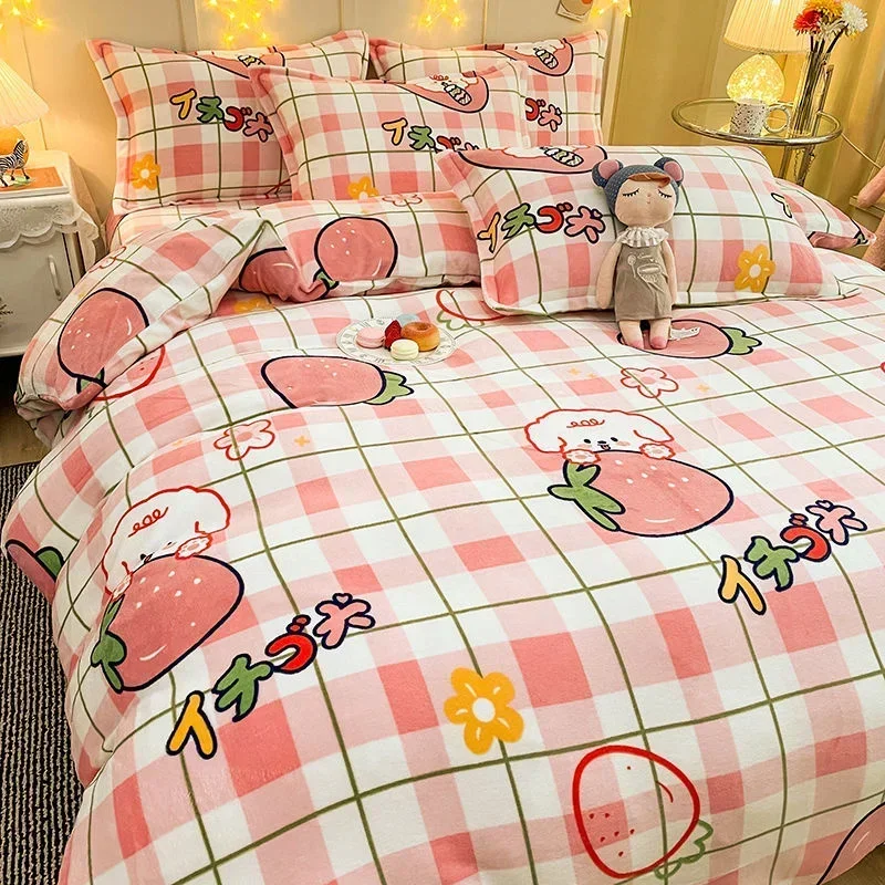 

Warm Short Plush Flannel Duvet Cover Thicken Winter Single Double Kids Adult Quilt Cover No Filling Pink Rabbit Comforter