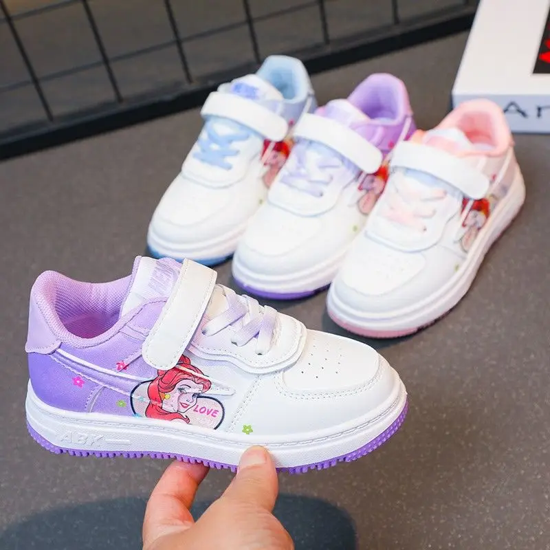 Disney White Casual Shoes Ariel Girl Children Princess Low Top Student Cartoon PU Leather Shoes Sneakers Size 26-37