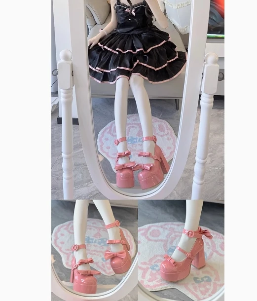 Original New Suede Waterproof Table High Heel Lolita Girl Women's Sweet Knot Round Head Thick Heel Women's Pump Shoes Mary Janes