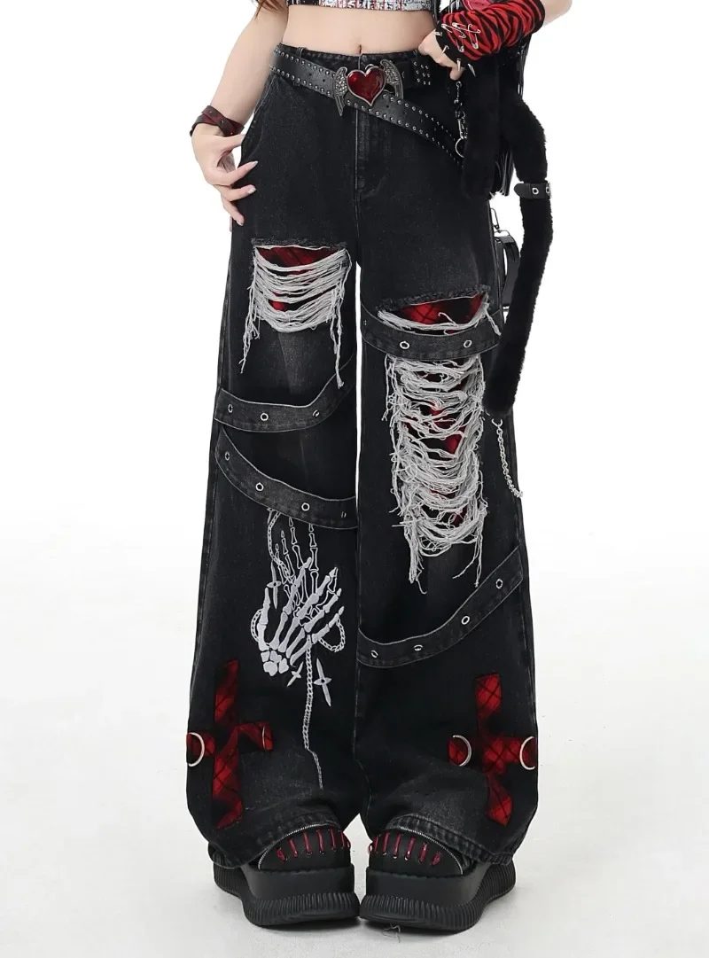 Original Design Fashion Punk Ripped Retro Old Washed Jeans Spring And Summer Wide Leg Denim Pants Women's Pantalones De Mujer