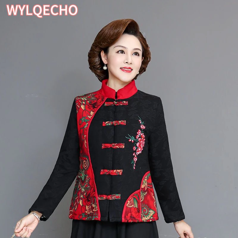 Traditional Chinese Style Autumn Women Cotton Warm Retro Fashion Printed Jackets Cardigan Outerwear Coat Tops Oriental Clothing