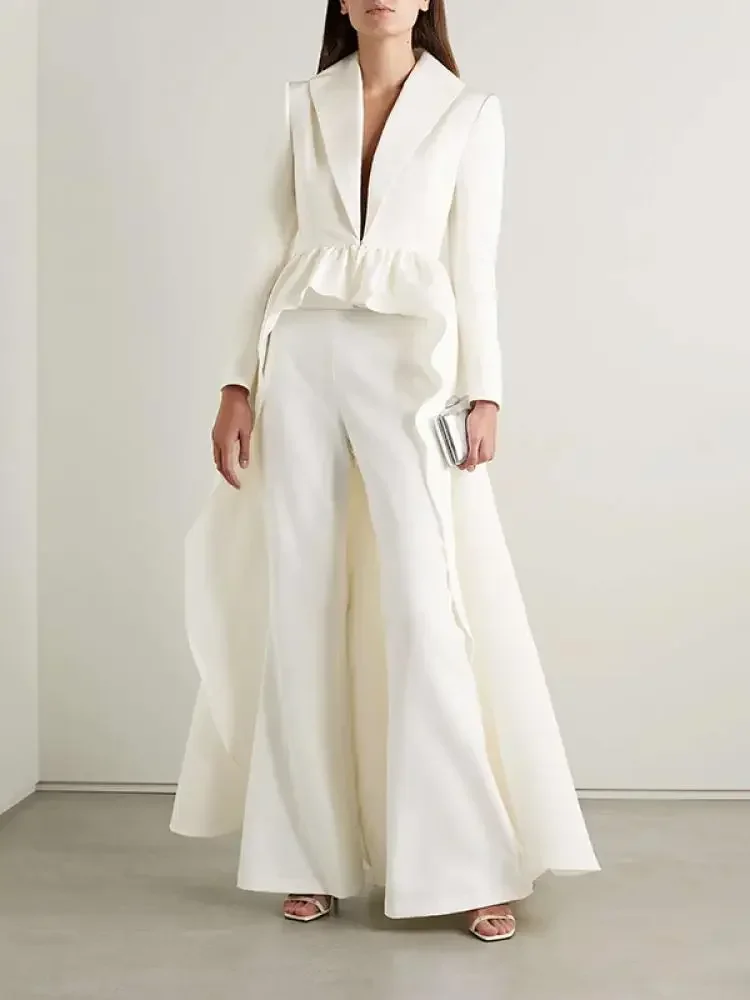 

Missuoo Solid White Blazer for Women Lapel V-neck Long Sleeves Extra-long Coat High Waist Wide Leg Pants Eleagnt Party Wears