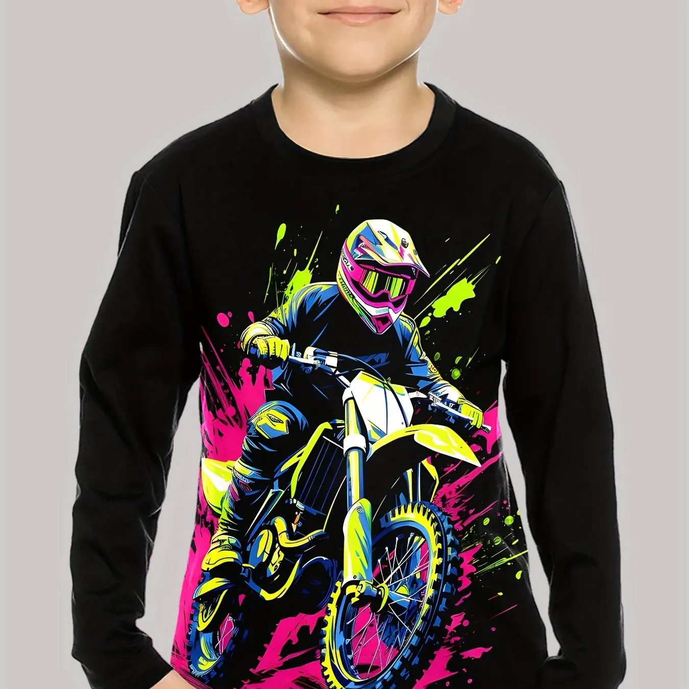 Roupas infantis meninos camiseta manga longa 3d moda bicicleta da sujeira gráfico crianças todas as estações roupas casuais pulôver diário topos