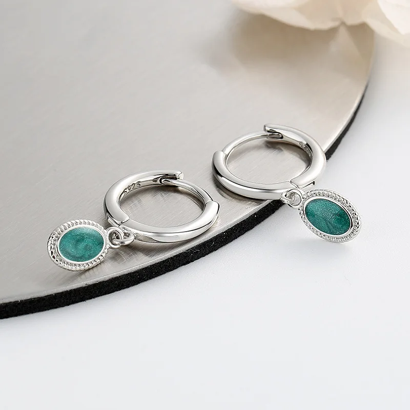 Korean 925 Sterling Silver Green Enamel Hoop Earrings for Women Girls Piercing Jewelry Women\'s Party Wedding Pendiente