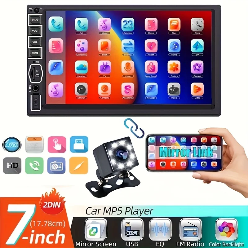17.78cm HD Touch Screen Car Stereo - 2-DIN MP5 Player with 8 LED Backup Camera, Vehicle Navigation System, Highquality Visuals