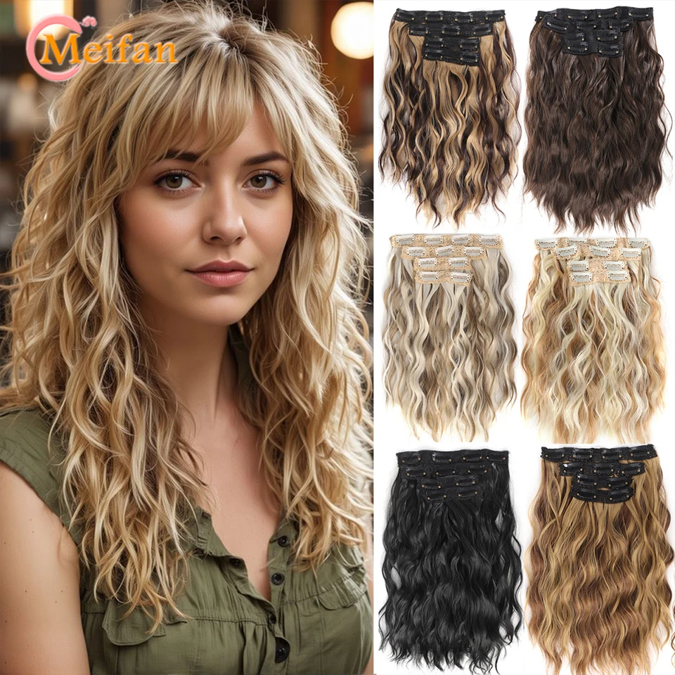 

4Pcs/Set Synthetic Long Wate Wavy Fake Hairpiece Clips In Hair Extension Natural Black Blonde Fake Hairpiece for Women Daily Wea