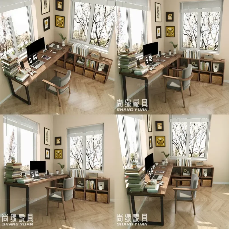 For Solid Wood Corner Desk Bookcase Integrated L Shaped Large Board Double Computer Desk Household Study Room Space Saving