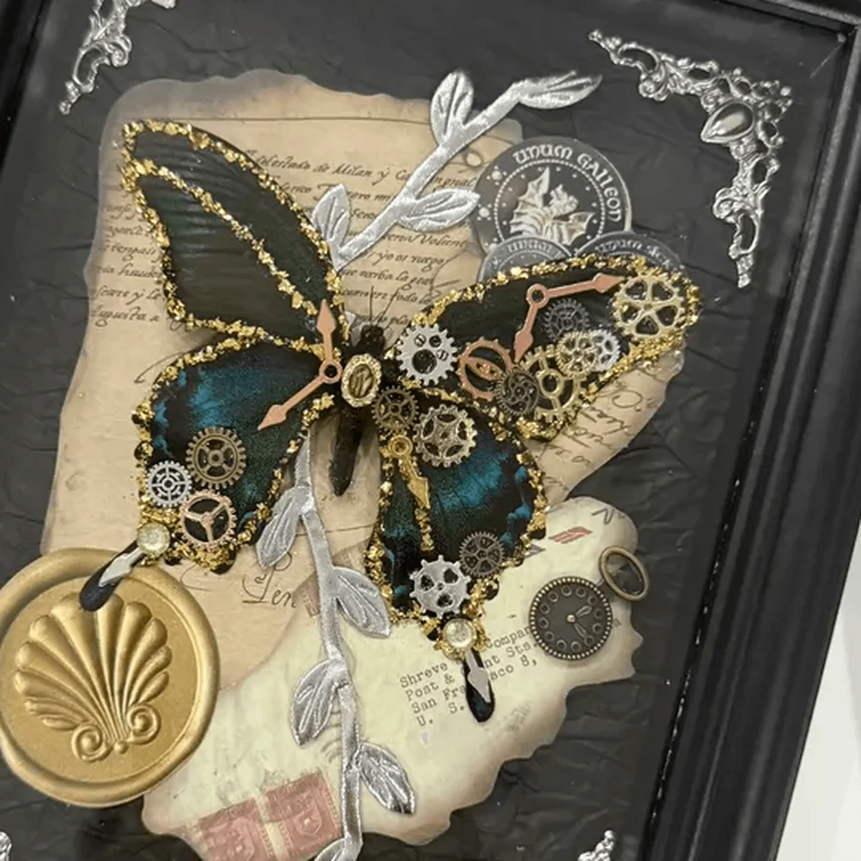 Steampunk Butterfly Frame, 8 Inch Wood-Textured Frame with Glass, Vintage Gear Insect Art Decor for Desk & Wall Display