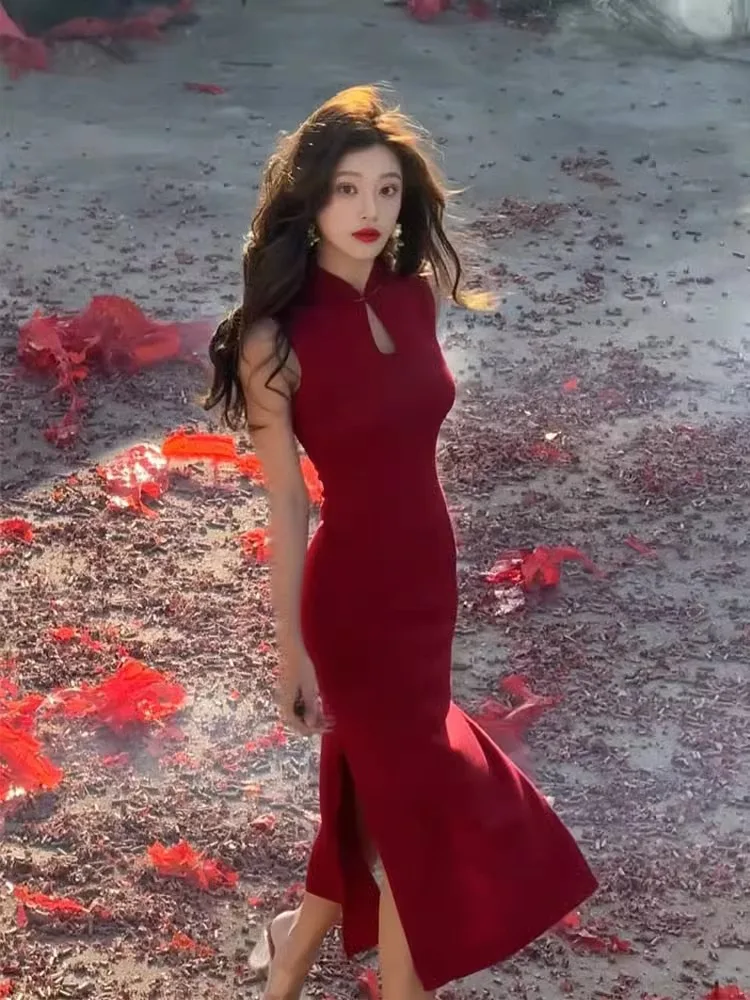 

Red Knitted Dr Vintage Sle Midi Qipao for Engagement Parties New Chinese Sle Breathable Lightweight Svel Dr