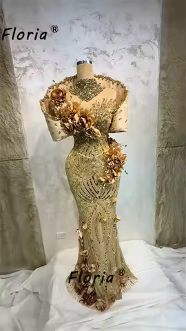 Luxury Gold Dubai Beaded Flowers Evening Dresse Appliques Wrap Memaid Formal Occasion Dress Celebrity Party Gowns Customized