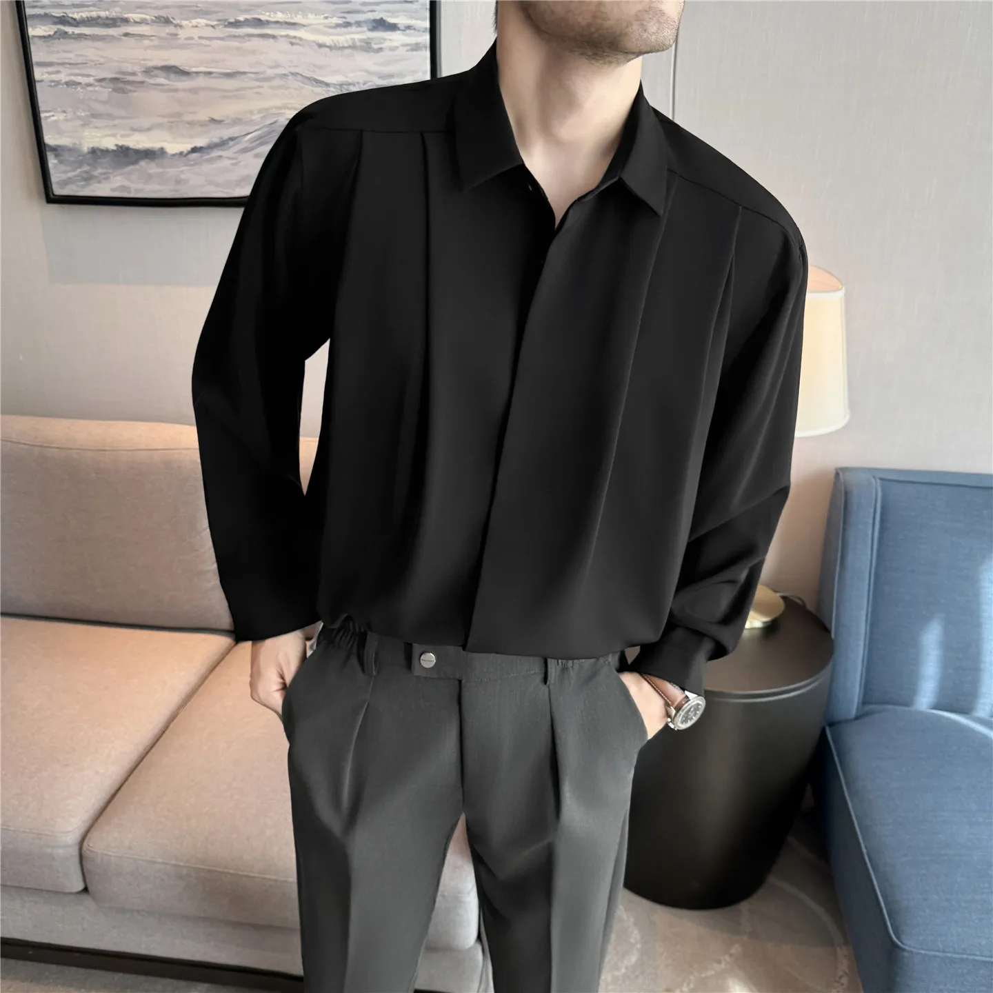 High Quality Loose Pleated Shirt for Men Solid Color Long Sleeved Casual Shirt Versatile Business Social Streetwear Shirts 2025