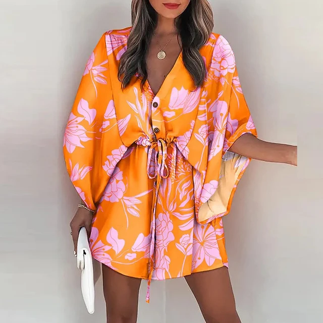 Women Casual Loose Dress Beach Boho Dress Fashion Vintage Print V Neck Drawstring Mini Dress Summer Dresses Robe Femme 2022