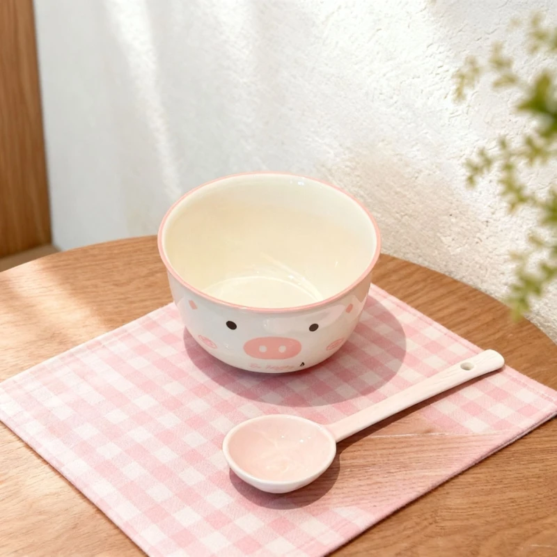 2 Set Cute Pink Little Pig Ceramic Rice Bowl Cartoon Anti-scald Soup Bowl Home Kitchen Noodle Ramen Tableware Bowl