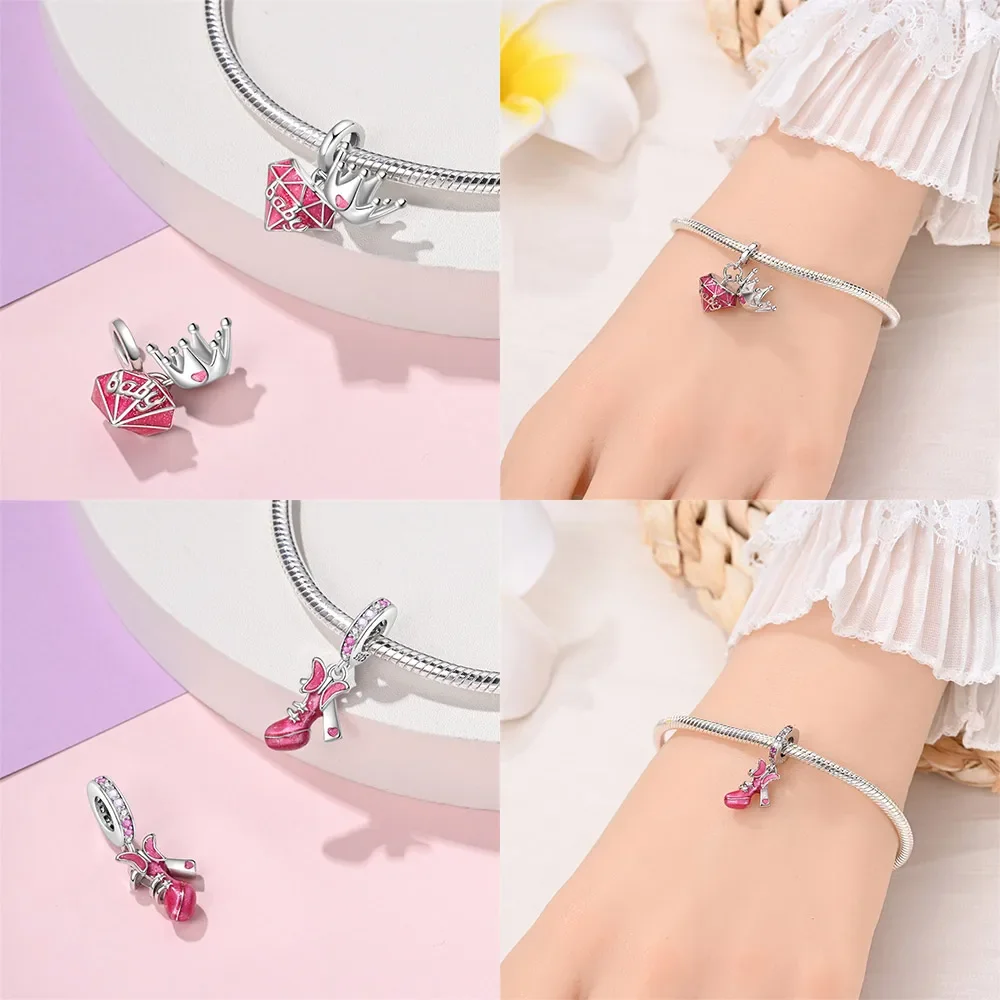 Gorgeous 925 Sterling Silver Cute Princess Pink Bag Crown Beads Charms Fit Bracelets and Necklaces Fine Jewelry for Women Girls