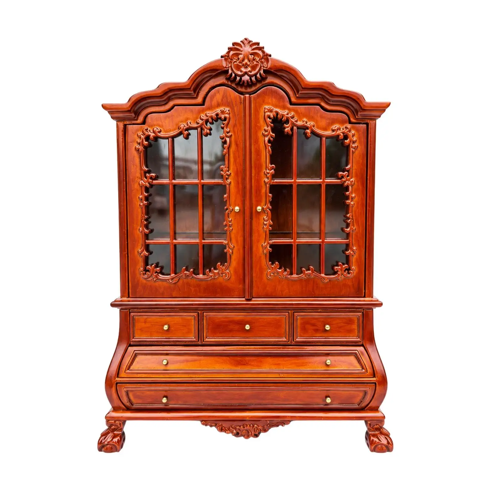 Dollhouse Cabinet Decorative Ornate Wooden Dollhouse Display Cabinet with Drawers Miniature Sideboard with Glass Doors Openable
