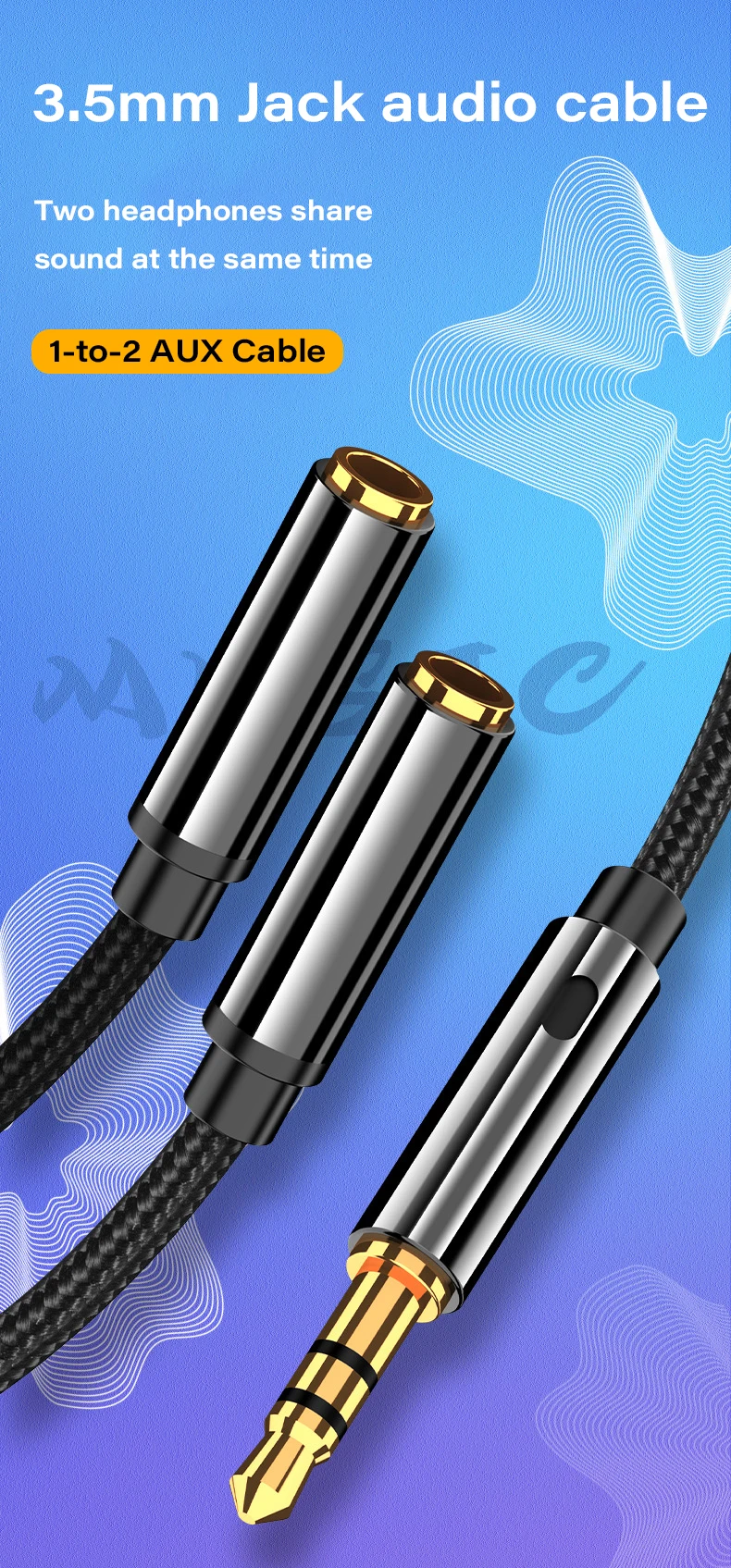Kopfhörer-Splitter-Kabel, 3,5 mm Stecker auf 2 Buchsen, 3,5 mm Verlängerungskabel, AUX-Adapter für Telefon, Laptop, MP3-Audio-Splitter-Kabel – Detail 1