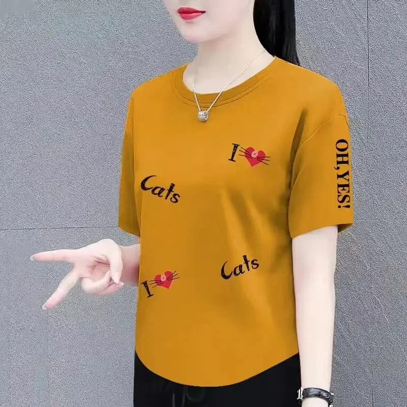 

Модная корейская темпераментная универсальная хлопковая футболка с короткими рукавами, женская однотонная футболка с круглым вырезом и принтом, свободный повседневный простой тонкий топ