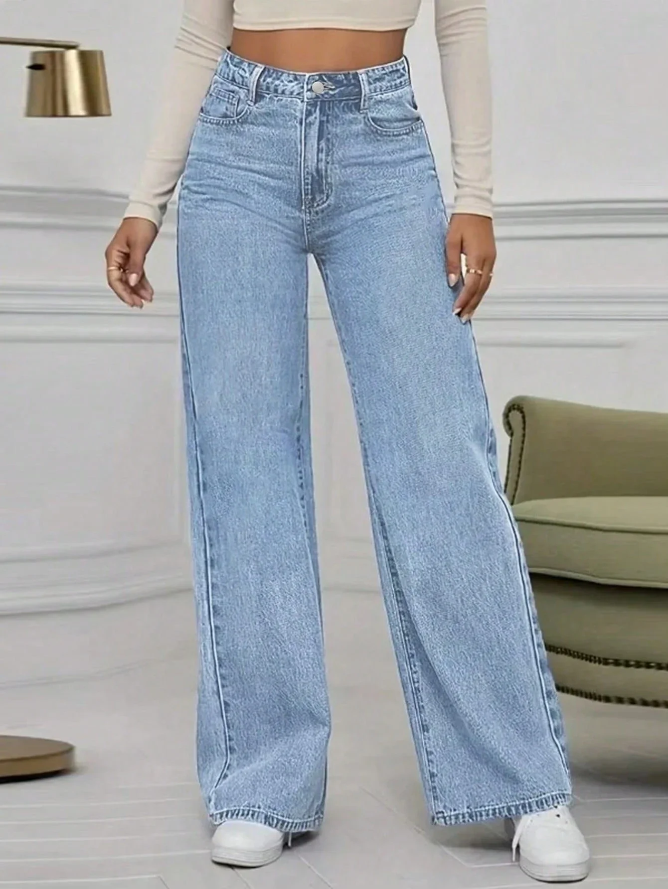 

Women's Mid Waist Loose Straight Leg Denim Pants Casual Wide Leg Jeans For Daily Wear