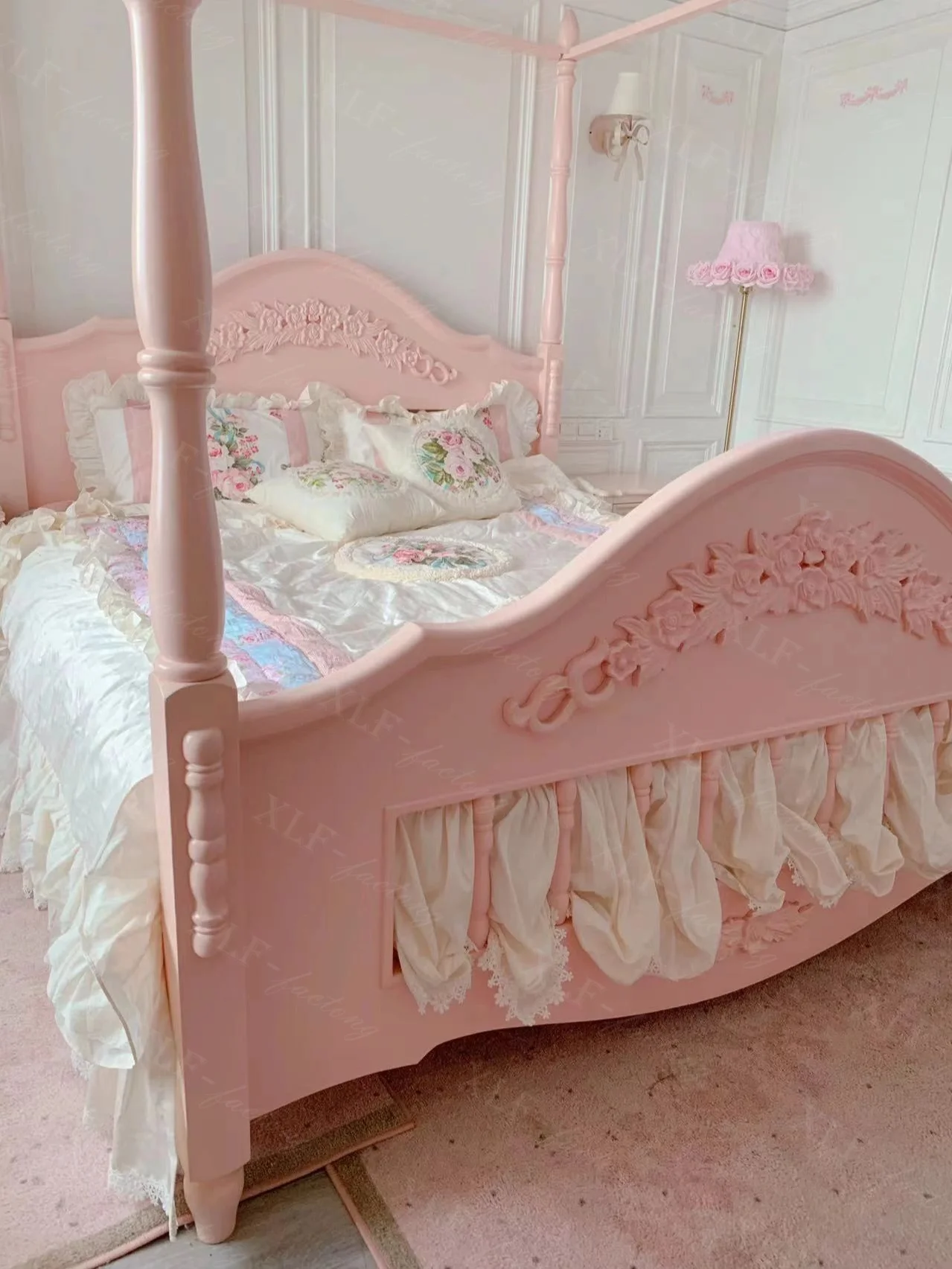 Palace-cama de princesa de madera maciza, habitación de niños minimalista, rosa, 1,5 m, 1,8 m