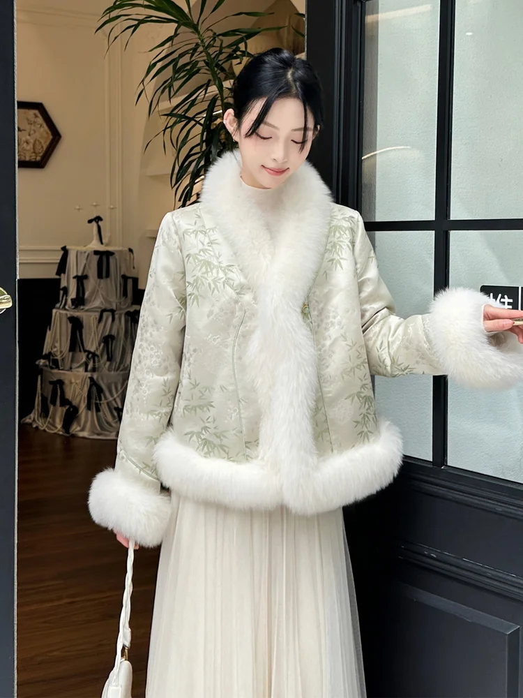 Chinese Style Elegant Delicate Faux Fur Splicing Silk Smooth Fashionable Green Bamboo Elegant Fresh Soft Comfortable Outerwear