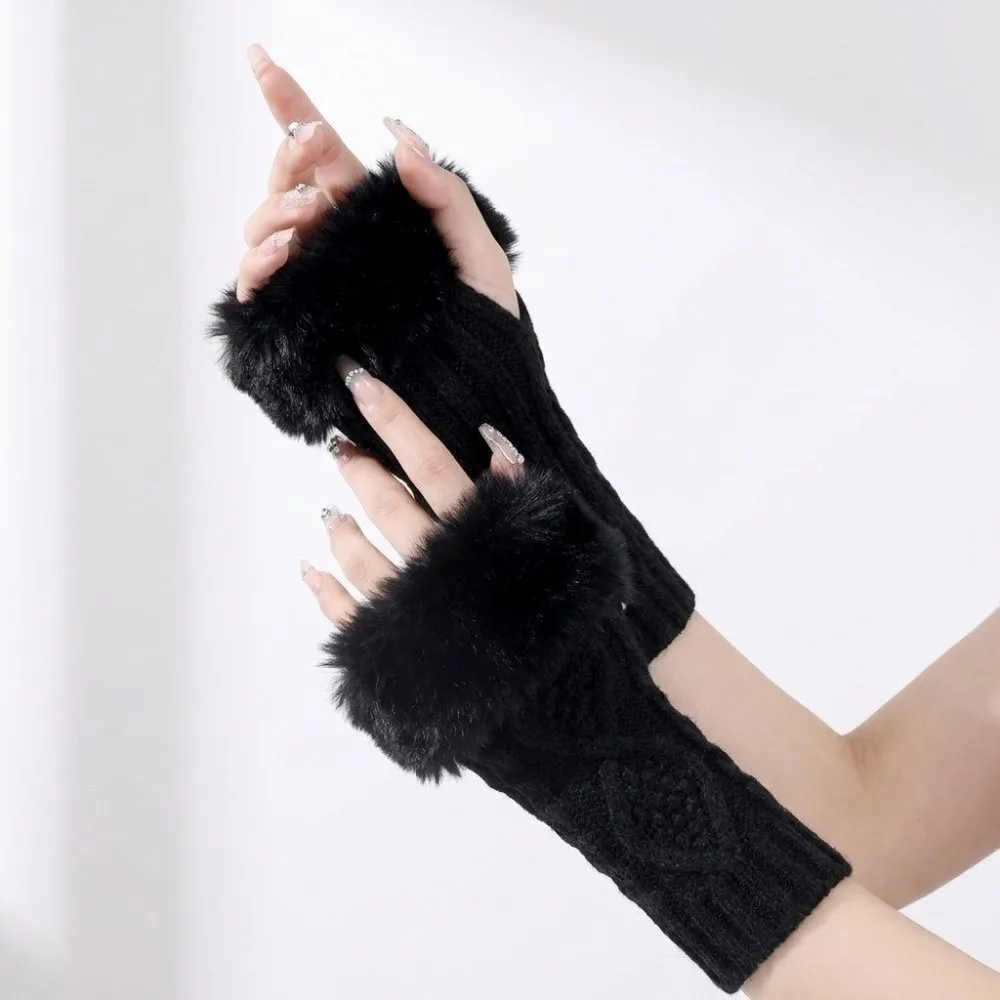 Cable Knit Fingerless Arm Warmers Faux Fur Cuff Rhombus Pattern Half Finger Gloves Strench Polyester Sleeve Cover Casual Outfit