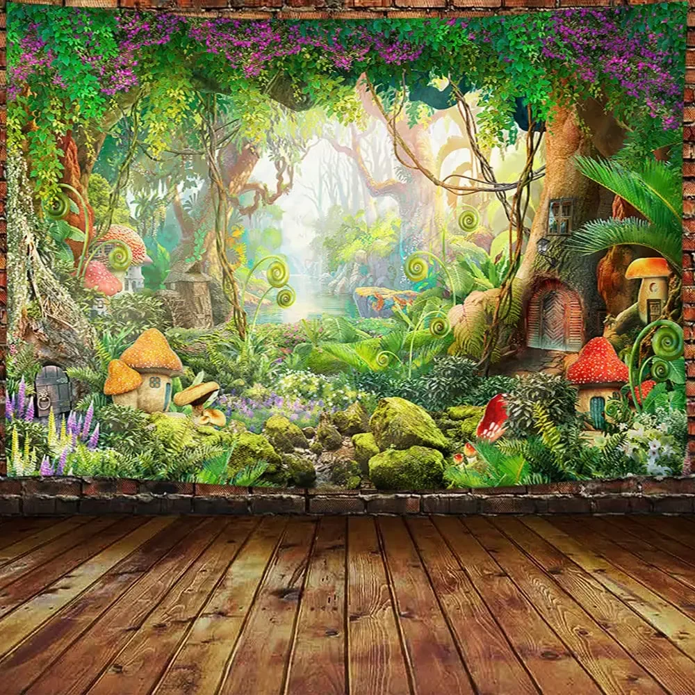 Fantasy forest landscape tapestry flowers and plants misty tree hole tapestry wall art hanging cloth room home decoration