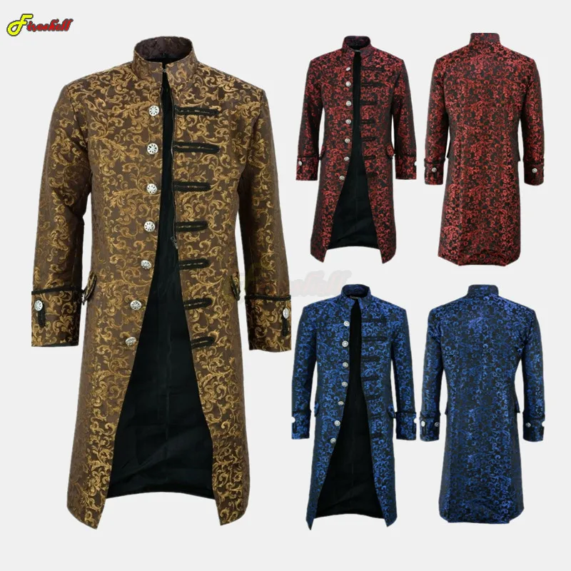 

Medieval Retro Long Jacket Halloween Costume Vintage Cosplay Trench Wristband Embroidery Stand Collar Windbreaker Royal Coat