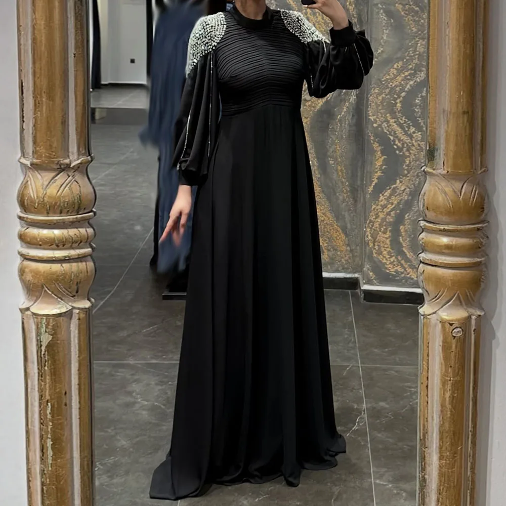 

Customized A-line Evening Dresses Floor-length High-neck Full Sleeve Prom Gown Fashion Crystal Pleat Simple Draped Party Gown