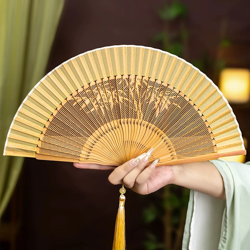 Bamboo Folding Fan Vintage Chinese Style Hollow Carved Fan Wedding Hand Fan Antique Hanfu Fan Fragrant Party Prop Decor Crafts
