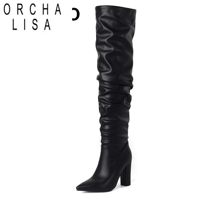 

ORCHA LISA Fashion Female Thigh Boots Pointed Toe Chunky Heels 10cm Pleated Slip On Large Size 41 42 43 Sexy Party Dating Bootie