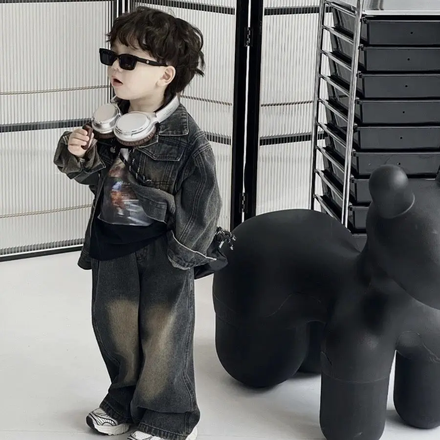 Children's Korean Spring Autumn New Retro Matte Coat for Boys and Girls Korean Loose Cowboy Two Piece Set outfits
