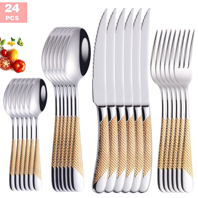 

24pcs Gold Dinnerware Set 304 Stainless Steel Tableware Set Knife Fork Spoon Flatware Set Dishwasher Safe Silverware Cutlery Set