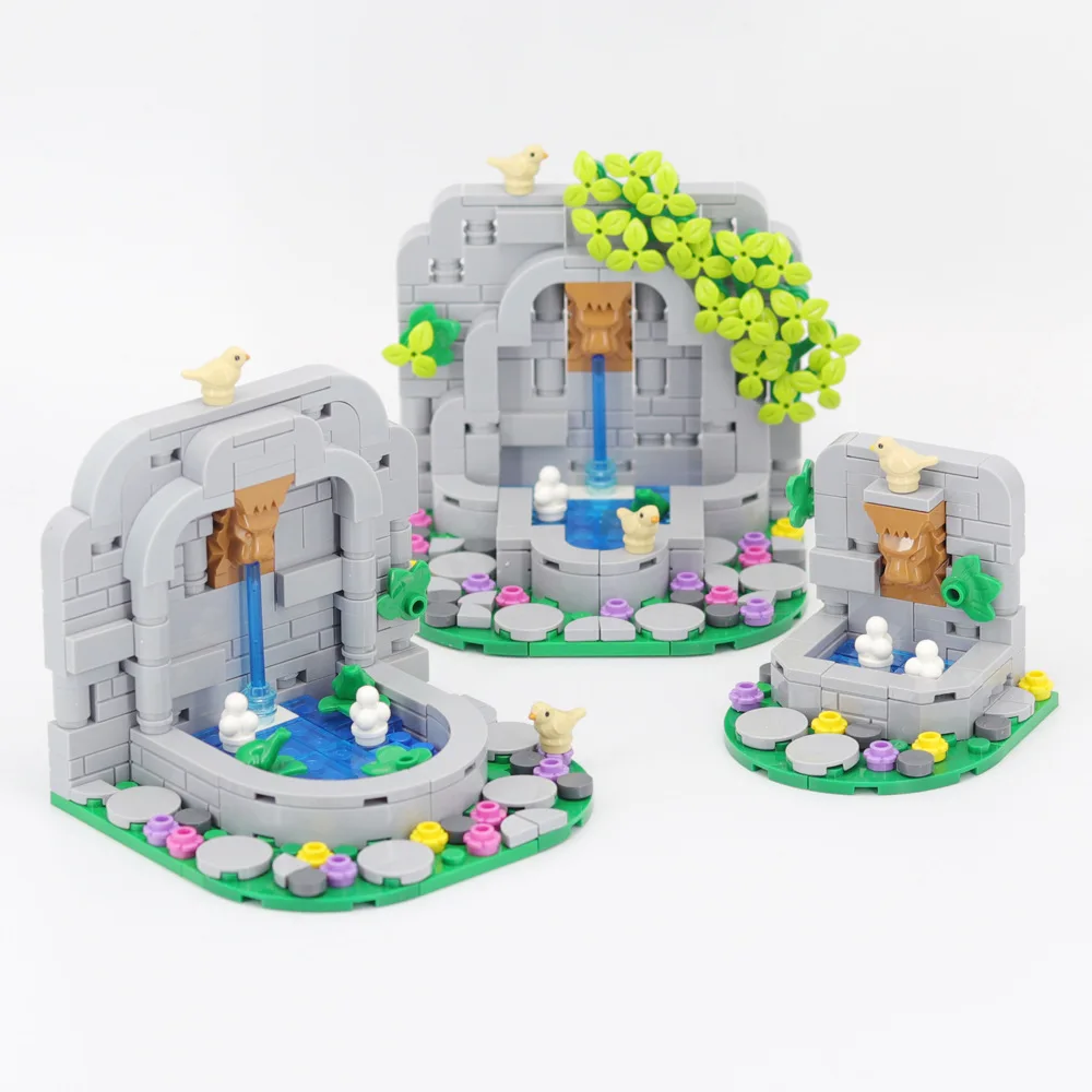 Creative MOC Small Particle Building Block Assembly Castle Pool Scene Medieval Architecture Fountain Toy Model Decoration