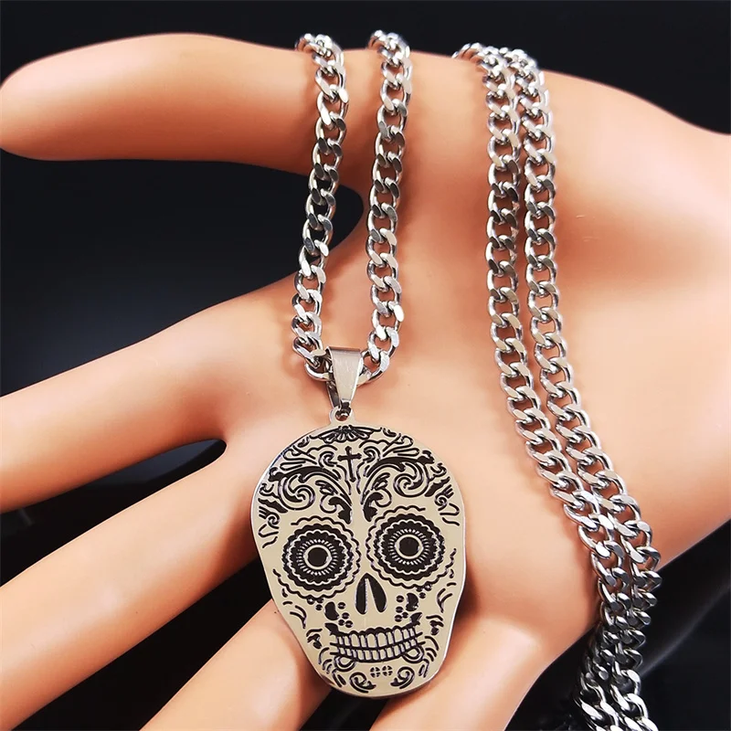 Mexican Bones Skull Stainless Steel Chian Necklace Men/Women Silver Color Statement Necklace Jewelry collier inoxydable N4008S06