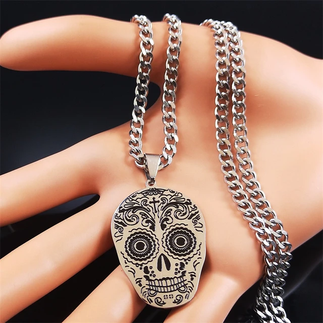 Mexican Bones Skull Stainless Steel Chian Necklace Men Women Silver Color Statement Necklace Jewelry collier inoxydable N4008S06 AliExpress