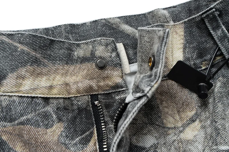 High Street Denim Short Digital Printing Enzyme Washed Tree Branches Camouflage Men's Casual Workwear Five Quarter Shorts