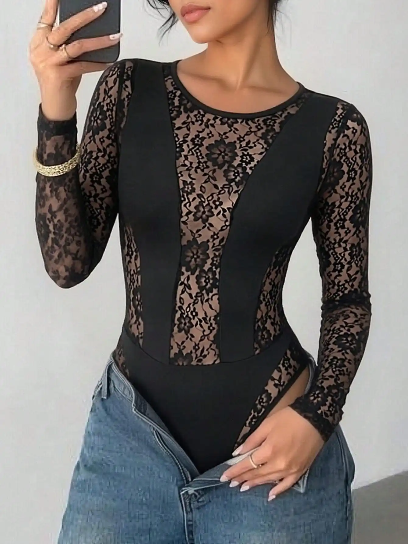 Damen-Body mit Rundhalsausschnitt und langen Ärmeln aus Spitze, elegante Büro-Bluse