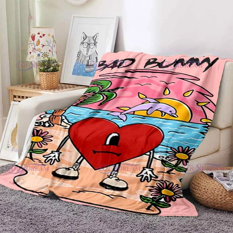 Cartoon Bad Bunny Blanket Flannel Blankets Pop Latin Music Warm Plush Fleece Throw Blankets for Aldult Sofa Bedding All Season