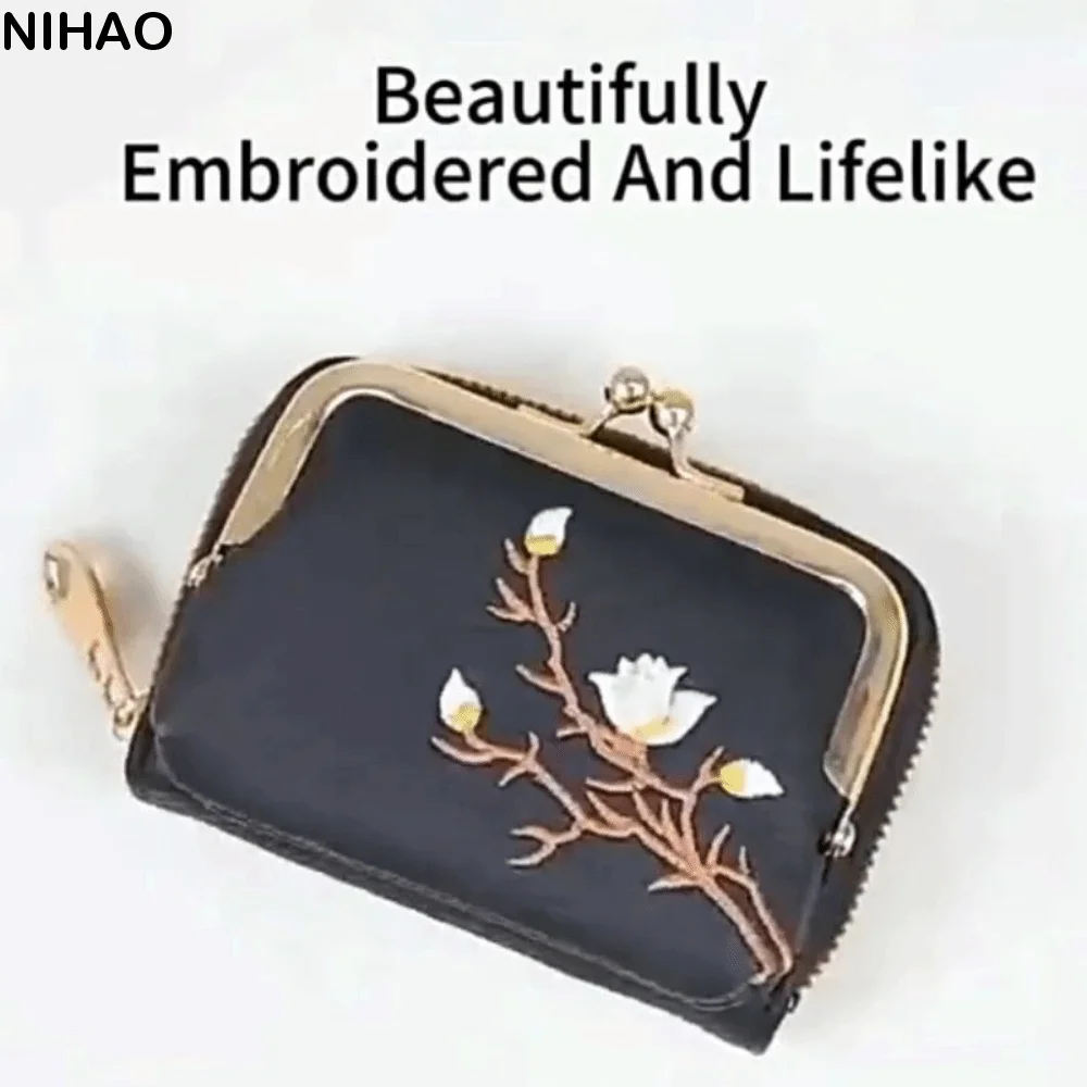 

Korean Style PU Clasp Clutch Bag Solid Color Wallets Flower Embroidery Coin Purse Zipper Pouch Card Holder Children