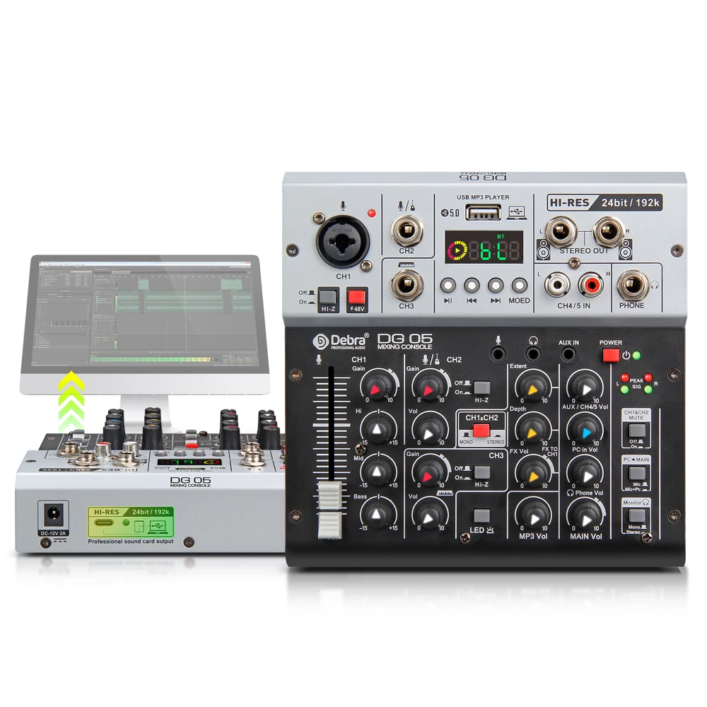 Professional DG05 24bit 192k Sound Card Audio DJ Mixer Studio Quality, 5.0 BT, for PC, Electric Guitar Live Recording, Singing