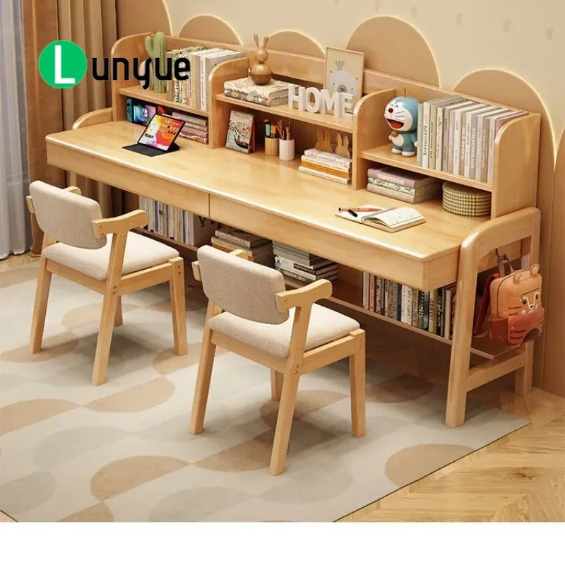 Solid wood desk bookshelf integrated simple household student extended writing table student study table double table