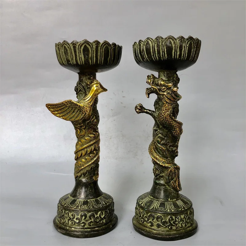 Guyunzhai Brass Antique Copper Candlestick Dragon and Phoenix Candlestick Brass Decoration Home Crafts Office Decorations