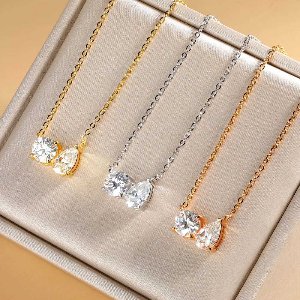 1CT Round & Teardrop Moissanite Pendant Necklace for Women 925 Sterling Silver 18k Gold Plated Neck Chain Wedding Jewelry GRA