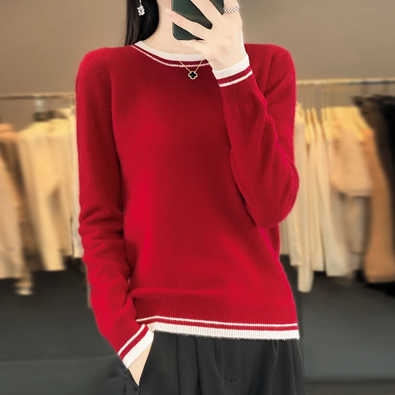 

CAIXINGLE 2025 Color Block Round Neck Women's Sweater Autumn Winter 100% Wool Knitted Pullover Comfortable Loose Versatile Top