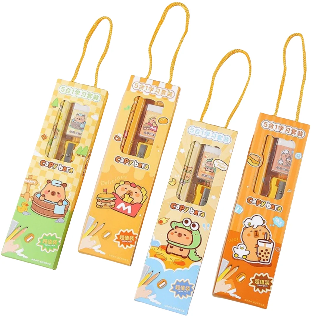 مجموعة أدوات مكتبية موثوقة 5 في 1 من كابيبارا، مجموعة أدوات مكتبية كابيبارا اللطيفة، مجموعة مسطرة ومبراة محمولة لفئة الفن