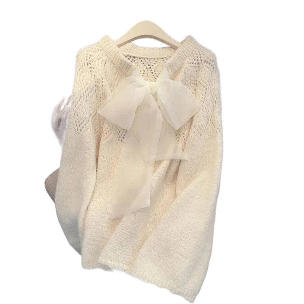 Women Sweaters Hollow Out French Style Bow Sweet Solid Loose Long Pullovers Korean Fashion Casual Elegant Female Sweater Tops